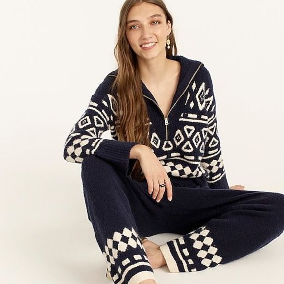 J. Crew Relaxed Half-Zip Sweater in Geometric Knit in Navy - Size XS-S - Picture 2 of 6